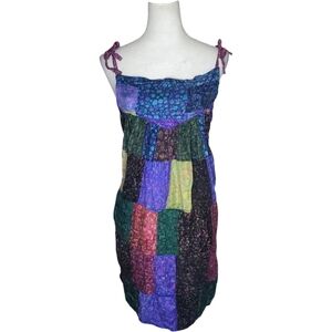 Fashion Fuse Boho 100% Silk Adjustable Shoulder Tie Vibrant Patchwork Dress